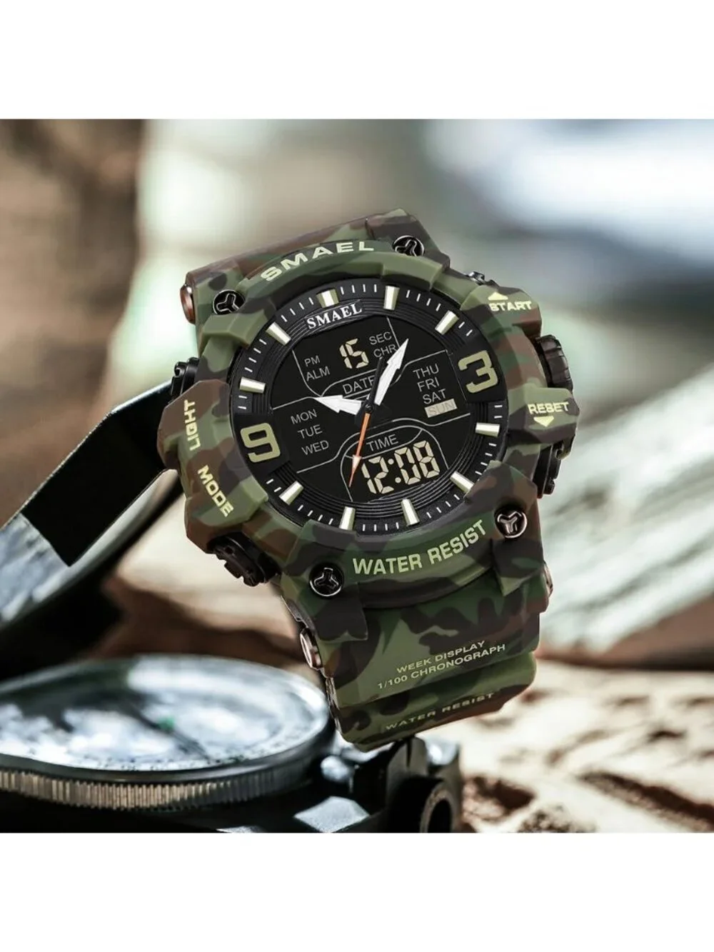 Men's Camouflage Green Analog Luminous Waterproof LED Electronic Digital Watch